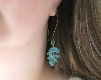 Verdigris Leaf Dangle Earrings: Rustic Bronze Botanical Jewelry