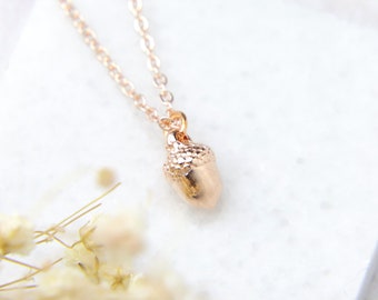 Tiny Acorn Necklace, Shiny Rose Gold, Autumn Pendant, Fall Jewelry, Woodland Theme, Oak Tree, Nature Gift For Her, Sister Gift, Christmas UK