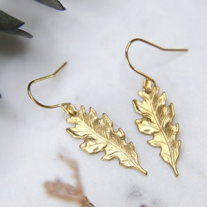 Oak Leaf Earrings, Golden Brass, Tiny Leaves, Small Dangles, Light Drop Earrings, Autumn Earrings, Woodland Tree, Gift For Mum, Fall Gift UK