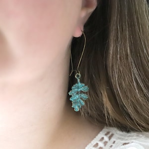 Verdigris Leaf Dangle Earrings: Rustic Bronze Botanical Jewelry