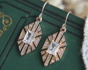 Art Deco Earrings, Dangle and Drop Earrings, Gold Zirconia Diamond Earrings 1920s 20s Twenties Geometric Crystal Art Nouveau Thirties 1930s