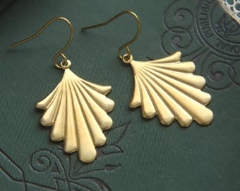 Fan Earrings, Gold Art Deco Earrings, Art Nouveau Jewelry, Boho Earrings, Brass Earrings, Vintage Style, Dangle and Drop Earrings, For Women