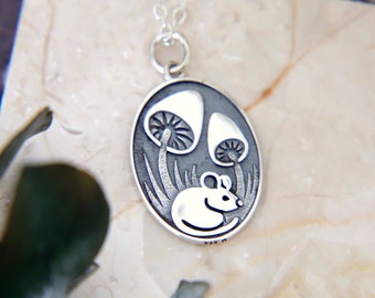 Sterling Silver Mouse Necklace: Woodland Mushroom Pendant