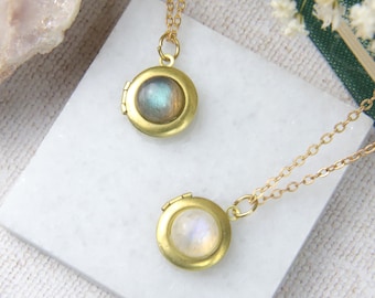 Tiny Personalised Locket, Raw Brass, Labradorite, Moonstone, Blue Flecks, Small Initial Pendant, Monogram Necklace,Gift For Her,Teen Gift,UK