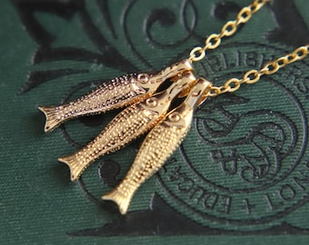 Fish Necklace Gold, Sardine Jewelry, Pisces Necklaces, Mermaidcore Jewelry, Fish Charm Necklace, Small Fish Pendant, 3D Gold Plated, Fishing