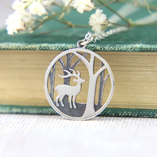 Silver Woodland Necklace, Stag Pendant, Rustic Necklace, Patronus Charm Necklace, Autumn Jewellery, Gift For Women, Animal Forest Theme, UK