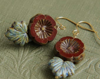 Dark Red Flower Earrings, Rustic Autumn Jewelry, Czech Glass Gold Plated Earrings, Holiday Stocking Filler, Flower and Leaf Dangles