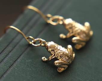 Gold Frog Earrings, Frog Dangle Earrings, Cute Handmade Earrings, Whimsy Earrings, Cottagecore Earrings, Witch Earrings For Women, Amphibian