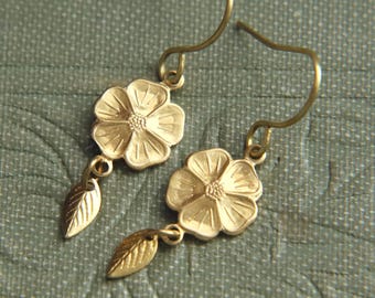 Brass Flower Earrings, Lightweight Dangle Earrings, Hibiscus Flower, Cottagecore Jewelry, Short Floral Earrings, Botanical Gifts For Her