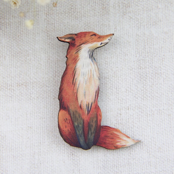 Fox Brooch, Fox Pin, Orange Fox, Forest Animal, Sitting Fox Badge, Woodland Creature, Vixen Brooch, Wooden Jewellery, Gift for her, Autumn