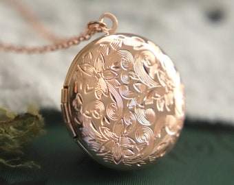 Rose Gold Floral Locket, Round Locket, Shiny Rose Gold Plated, Flower Engraved, Modern Vintage, Gift for her, Mothers Day,Sister, Girlfriend