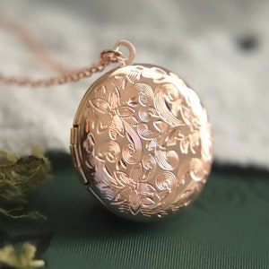 Rose Gold Floral Locket, Round Locket, Shiny Rose Gold Plated, Flower Engraved, Modern Vintage, Gift for her, Mothers Day,Sister, Girlfriend