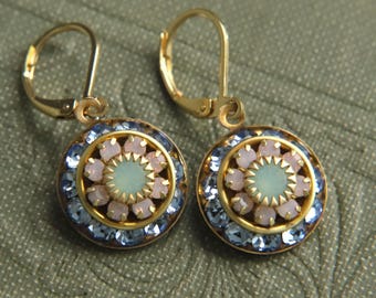 Blue Art Deco Rhinestone Earrings, Austrian Crystal Gold Brass Earrings, 1920s Crystal Jewelry, Something Blue Gifts, Bridesmaids Jewelry