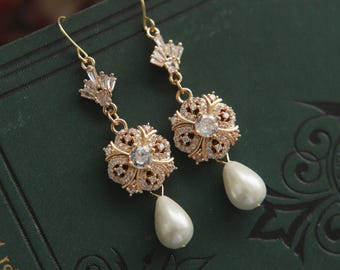 Pearl Earrings, Bridal Pearl Set,Art Deco Earrings,Art Nouveau Earrings,1900s Earrings,Dangle Earrings Gold,Bridal Earrings,Sparkly Earrings
