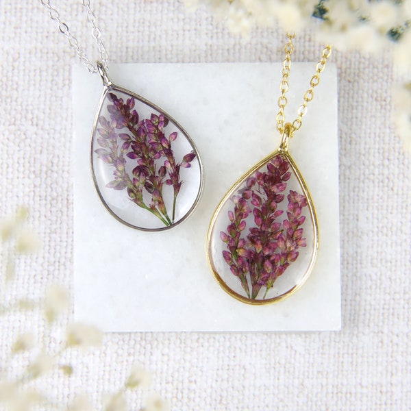 Pressed Flower Necklace, Heather Buds, Silver Plated, Gold Plated, Droplet Shape, Real Flower,Dried Flowers,Floral Gift,Nature Ideas For Her