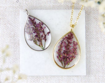 Pressed Flower Necklace, Heather Buds, Silver Plated, Gold Plated, Droplet Shape, Real Flower,Dried Flowers,Floral Gift,Nature Ideas For Her