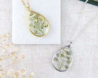 Pressed Gypsophila Flower Necklace: Silver or Gold Floral Pendant
