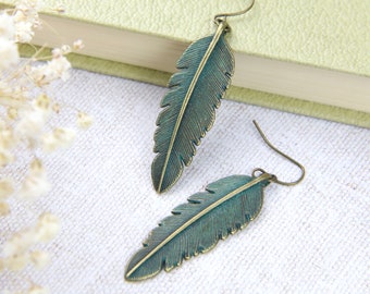 Verdigris Feather Earrings, Long Dangles, Antique Gold, Rustic Jewellery, Green Drop, Nature Lover, Fall Autumn, Woodland Style, Bohemian