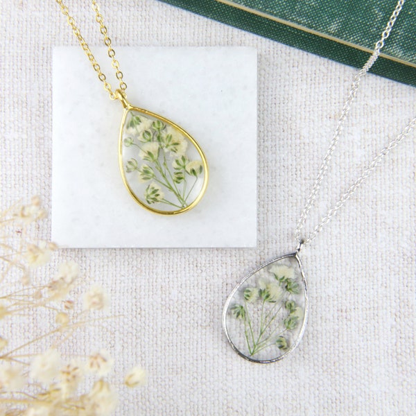 Pressed Flower Necklace, White Gypsophila, Queen Anne's Lace, Silver or Gold, Droplet Shape, Long Floral Pendant, Gift For Her, Mothers Day
