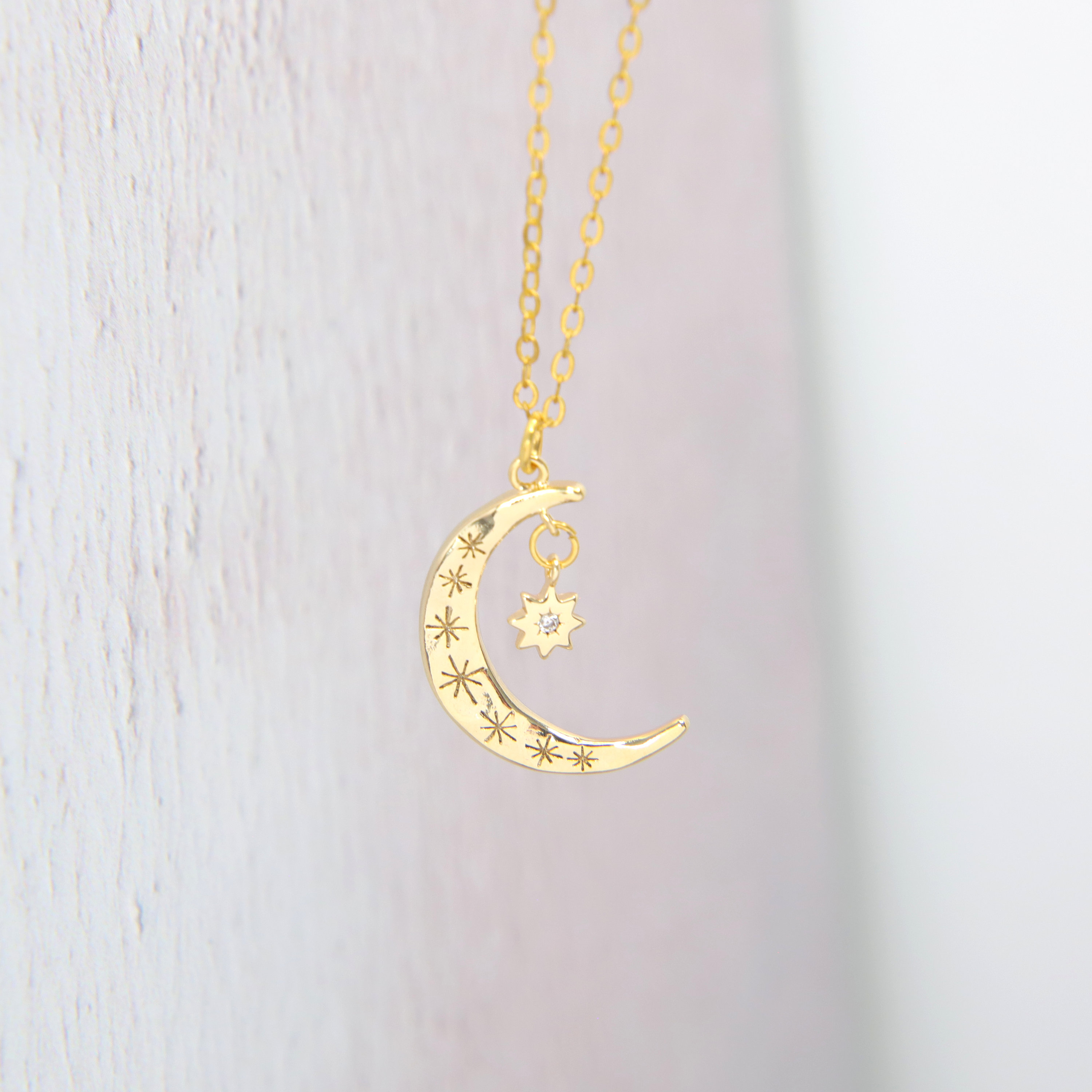 Gold Plated Moon and Star Necklace: Cubic Zirconia Celestial