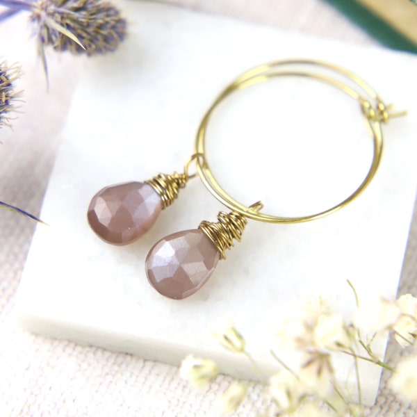 Chocolate Moonstone Earrings, Coffee Moonstone, Hoop Earrings, Dangle Drops, Subtle Shimmering, Golden Raw Brass, Brown Colour, Gift For Her