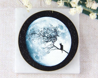 Cat Brooch, Wooden Badge, Black Cat Moon Brooch, Cat Lady Gift, Dark Moon, Pet Memory Gift, Witch Full Moon, Cat Mom, Animal Gift For Her