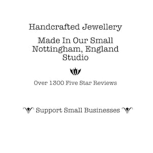 May include: Handcrafted jewelry made in a small studio in Nottingham, England. The text also says "Over 1300 Five Star Reviews" and "Support Small Businesses".