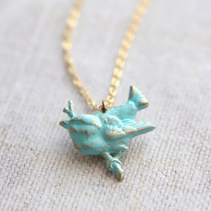 Blue Bird Necklace, Hand Painted Pendant, Turquoise Birds, Golden Brass, Rustic Verdigris, Shabby Chic Wedding, Bridesmaid Necklace Gifts UK image 1