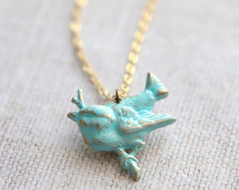 Blue Bird Necklace, Hand Painted Pendant, Turquoise Birds, Golden Brass, Rustic Verdigris, Shabby Chic Wedding, Bridesmaid Necklace Gifts UK