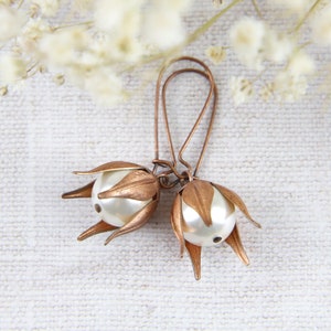 Pearl Drop Earrings: Vintage Copper Flower Bud Dangle