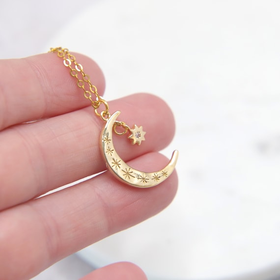 【新品】STAR JEWELRY DIA MOON NECKLACE Gold Plated Moon and Star Necklace: Cubic Zirconia Celestial