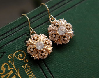 Gold Victorian Earrings, Art Deco Earrings, 1920s Earrings, Edwardian Earrings, Art Nouveau Earrings, Diamond Drop Earrings, Vintage Style