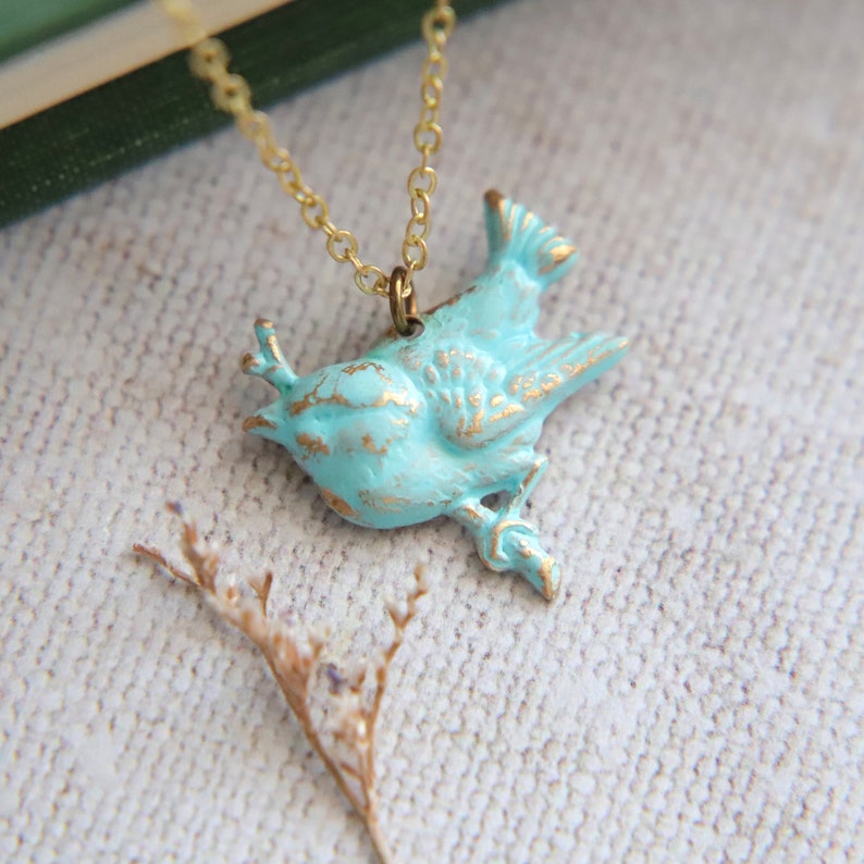 Blue Bird Necklace, Hand Painted Pendant, Turquoise Birds, Golden Brass, Rustic Verdigris, Shabby Chic Wedding, Bridesmaid Necklace Gifts UK image 2