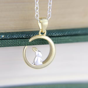 Bunny Moon Necklace, Rabbit Pendant, Two Tone, Chinese Folklore, Hare Moon, Woodland Animal Jewellery, Easter, Japan Autumn, Gift for Her