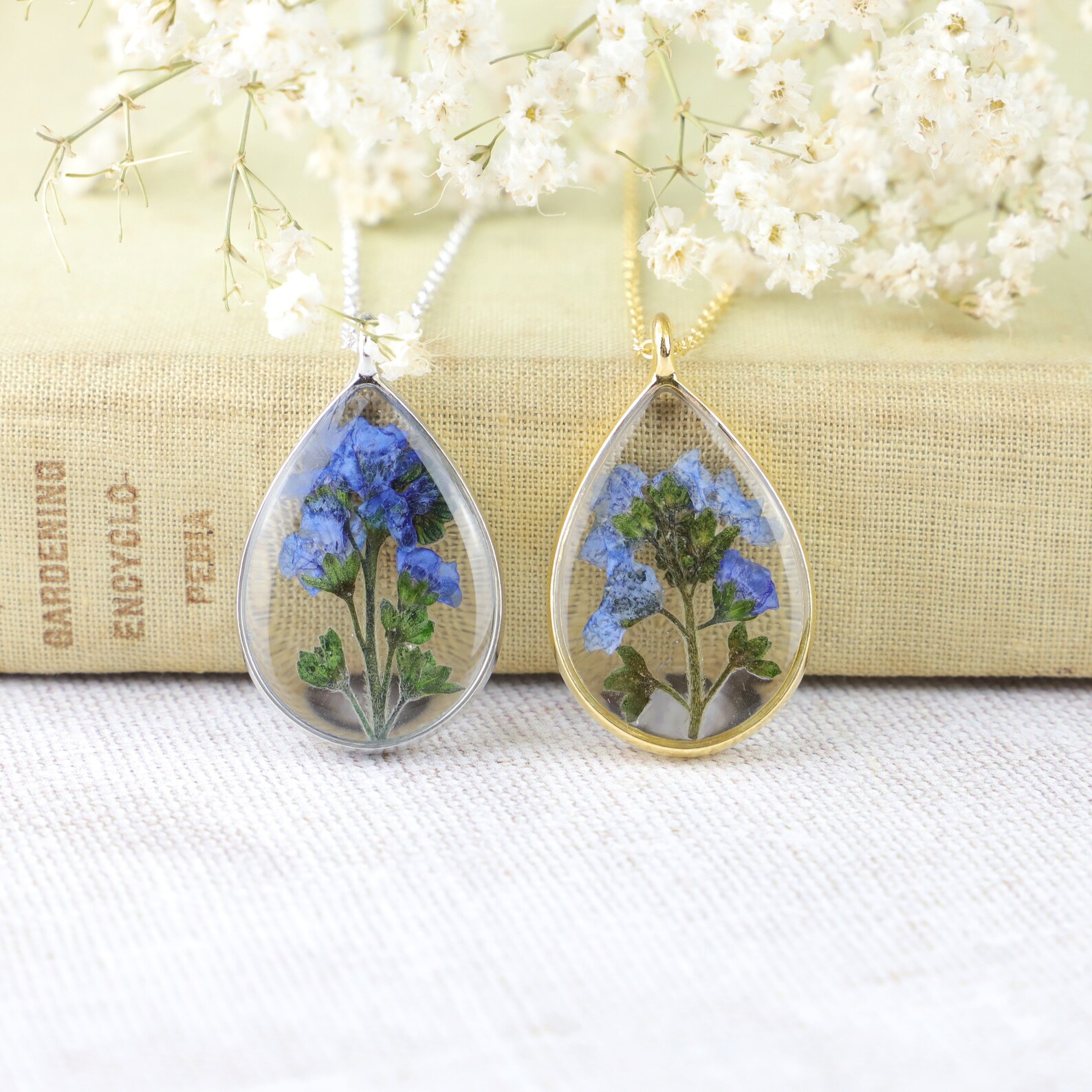 Me Not Pressed Flower Necklace Blue Floral Real Etsy UK