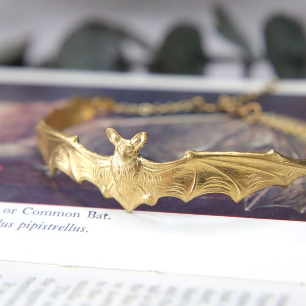 Bat Bracelet, Flying Bat Cuff Bangle, Golden Brass, Goth Jewelry, Halloween Bracelet, Gothic Girl Gift, Dracula Vampire Bat,Quirky Teen Gift