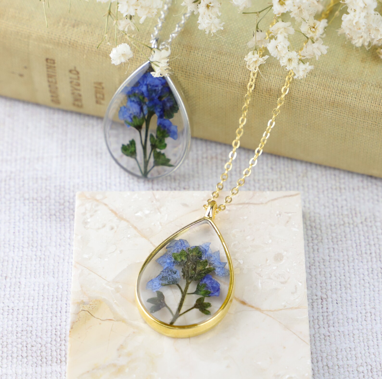 Me Not Pressed Flower Necklace Blue Floral Real Etsy UK