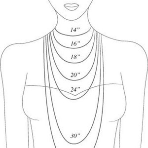 Puede incluir: Diagrama que muestra diferentes longitudes de collar en pulgadas, de 14 pulgadas a 33 pulgadas, en un modelo que lleva una variedad de collares.