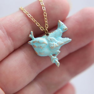 Blue Bird Necklace, Hand Painted Pendant, Turquoise Birds, Golden Brass, Rustic Verdigris, Shabby Chic Wedding, Bridesmaid Necklace Gifts UK image 4