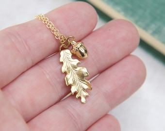 Oak Leaf Acorn Necklace: Raw Brass Autumn Jewelry