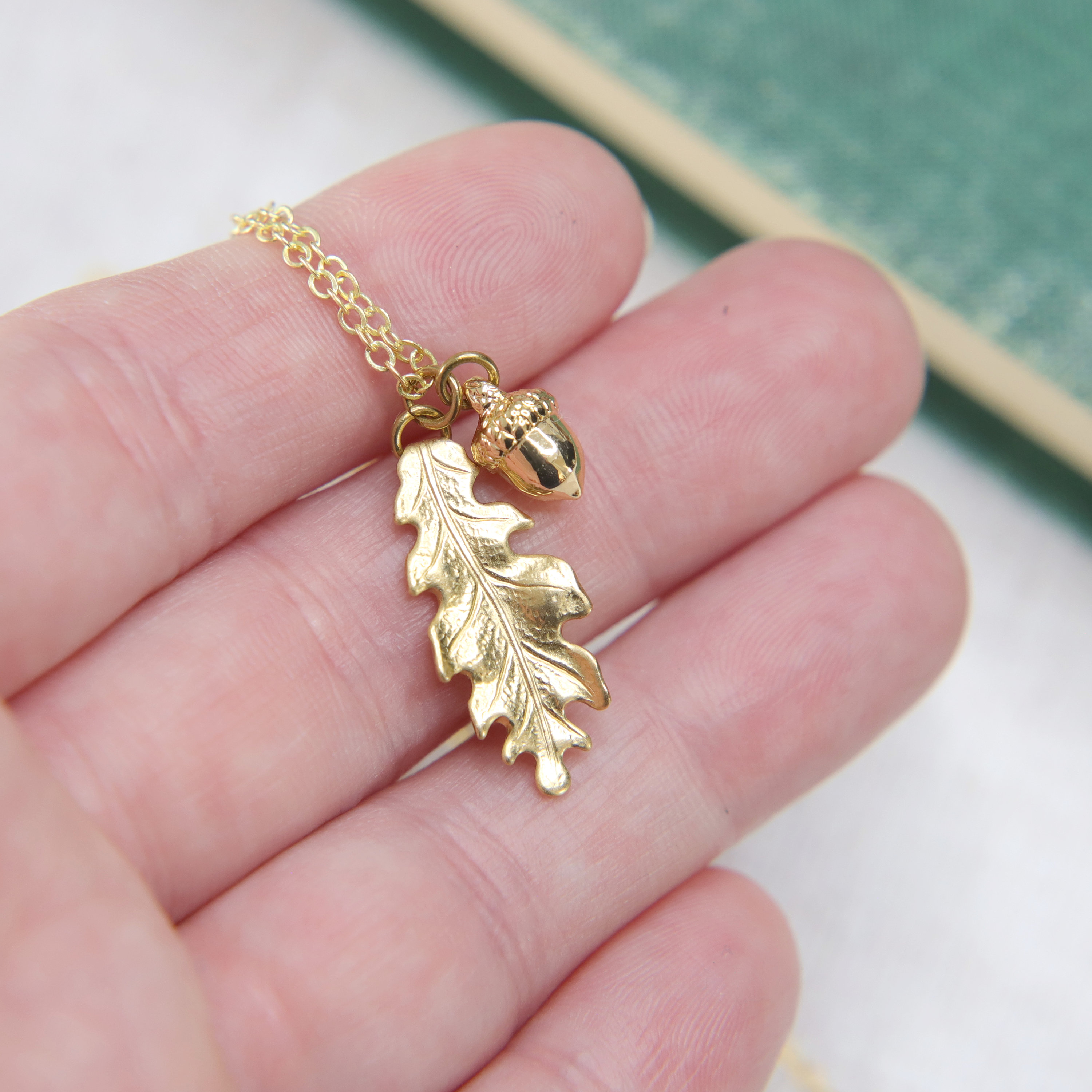Oak Leaf Necklace, Acorn Pendant, Golden Brass, Autumn Jewellery