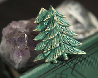 Green Fern Tree Brooch: Hand-Painted Brass Lapel Pin