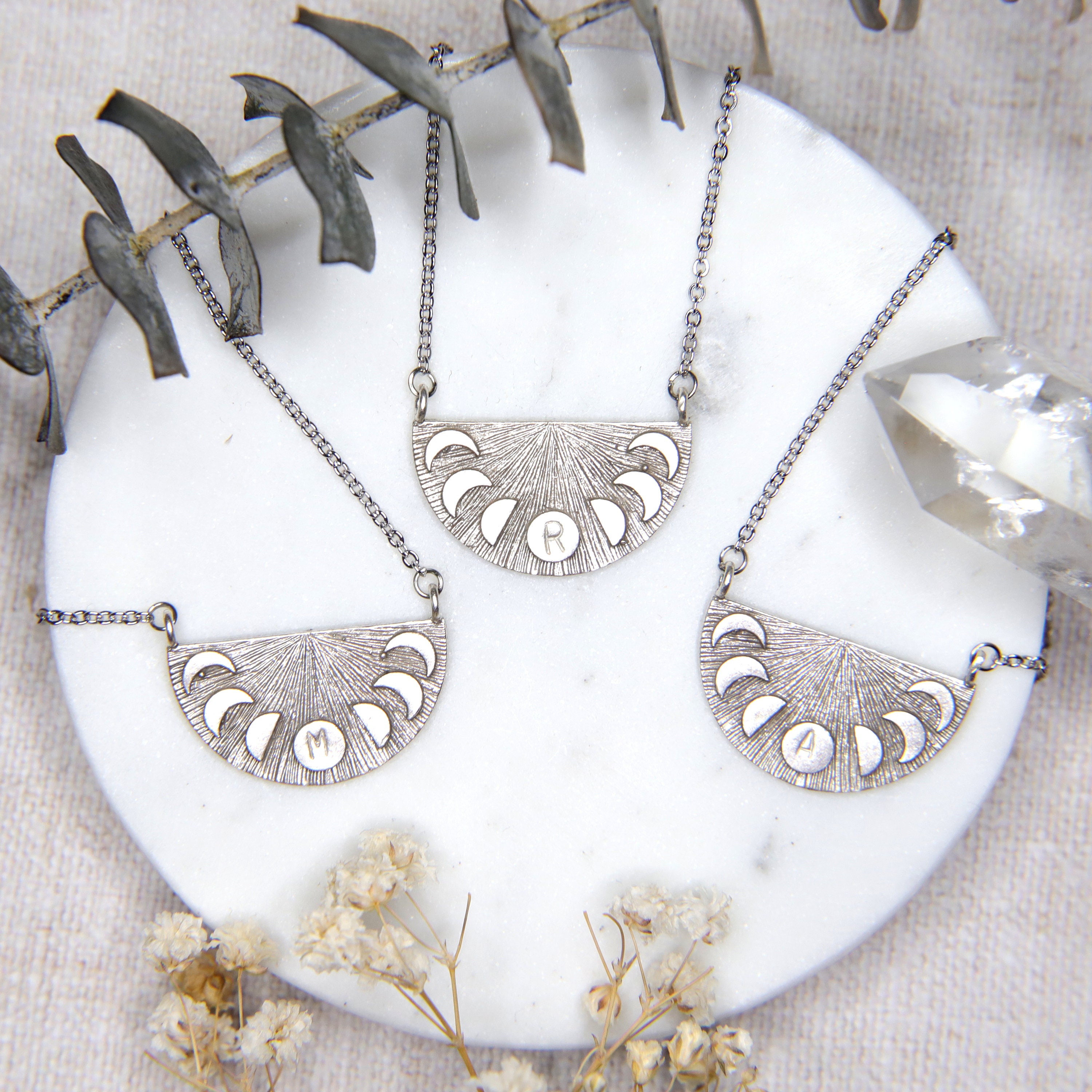 Moon Phase Initial Necklace Half Moon 