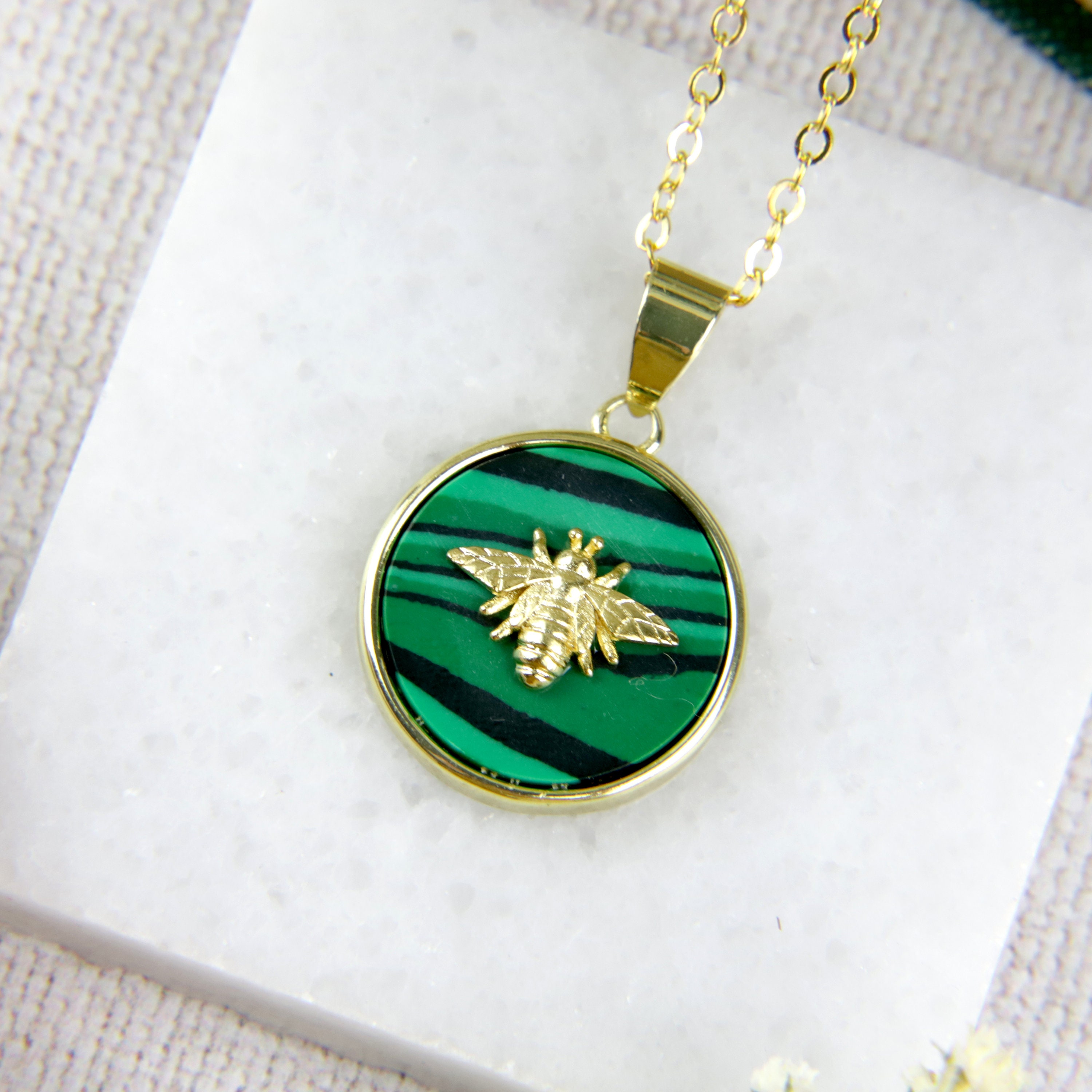 Bee Necklace, Gold Plated, Gemstone Pendant, Malachite Bee Necklace, Gold Plated, Gemstone Pendant, Malachite
