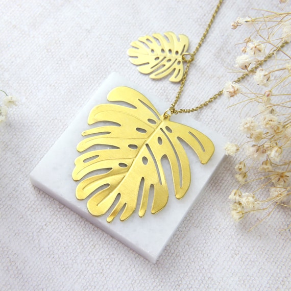 Raw Brass Monstera Leaf Necklace: Botanical Swiss Cheese Plant Pendant