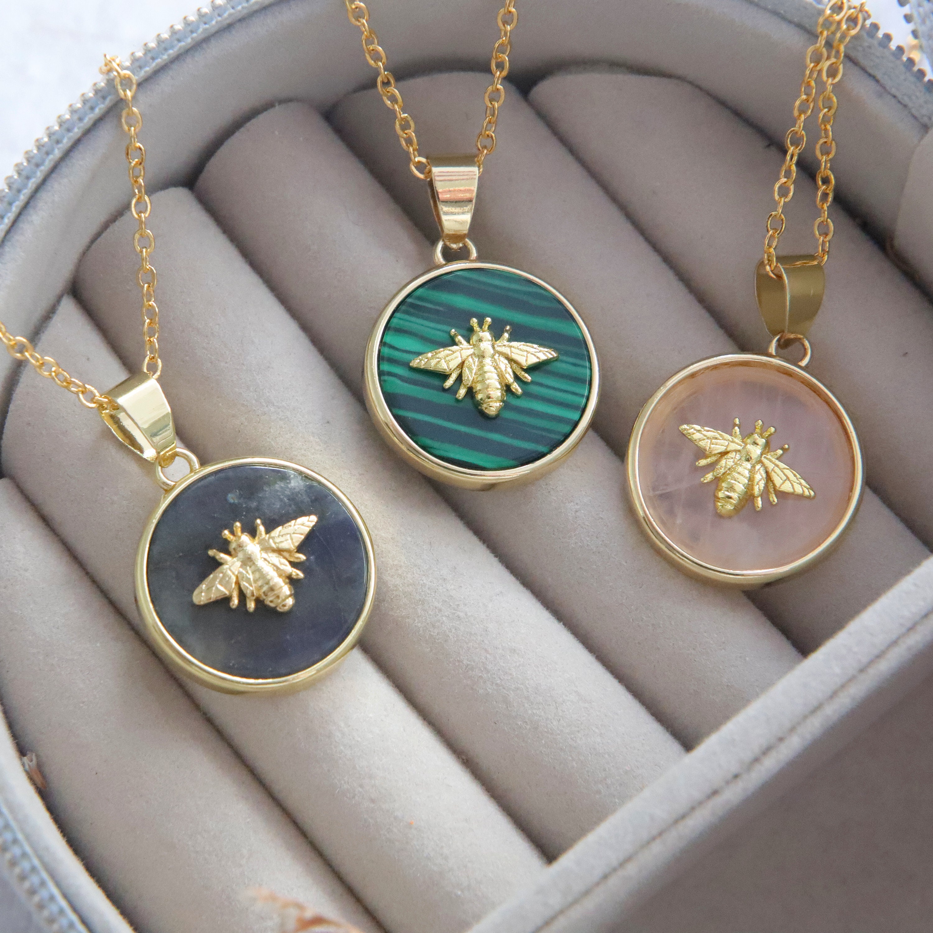 Bee Necklace, Gold Plated, Gemstone Pendant, Malachite Bee Necklace, Gold Plated, Gemstone Pendant, Malachite