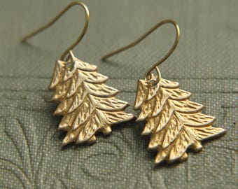 Small Evergreen Tree Earrings, Raw Brass Pine Tree Dangles, Miniture Forest Earrings, Delicate Holiday Jewelry, Nature Lover Stocking Filler