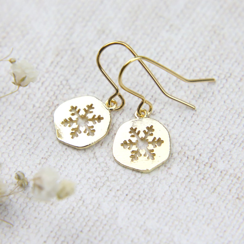 Snowflake Earrings, Gold Winter Earrings, Christmas Earrings, Snow Jewellery, Christmas Jewellery, Gift Ideas for Her,Women Earring Gift, UK image 1