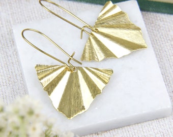 Fan Earrings, Golden Raw Brass, Shiny Drops, Long Dangles, Geometric Triangle Fan, Art Deco Style, Bohemian Jewelry, Boho, Gift For Her, UK