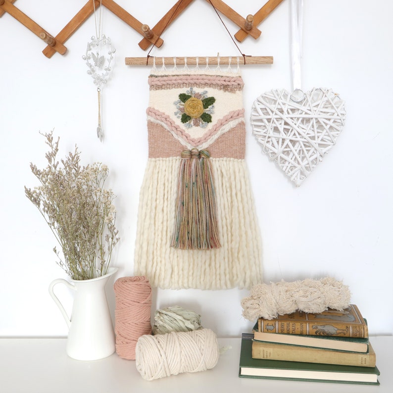 Woven Wall Hanging Embroidered Flowers Rustic Vintage Style Etsy